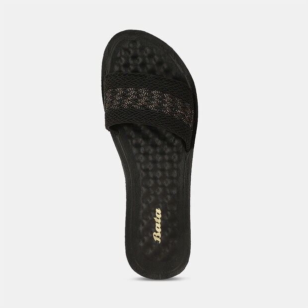 BATA TEXTURED FABRIC OPEN TOE FLAT MULES FOR WOMEN