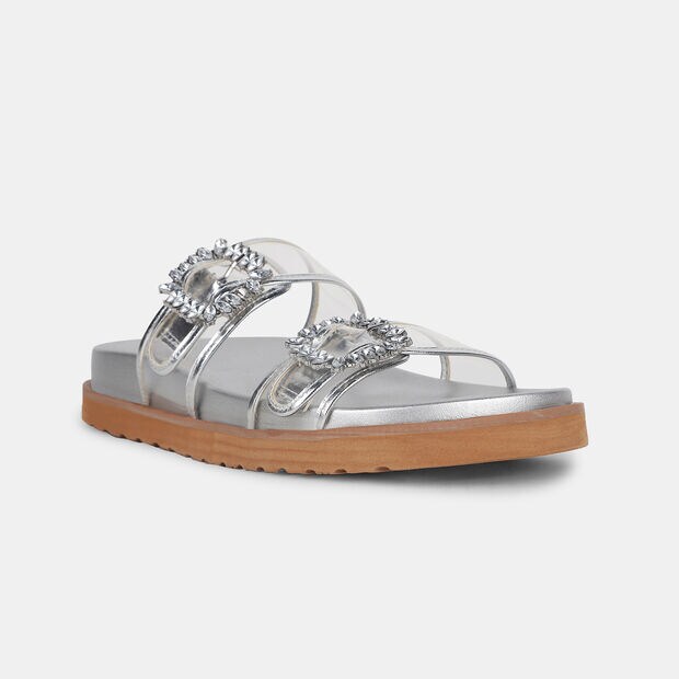 NINE WEST EMBELLISHED DOUBLE STRAPPED FLAT MULES FOR WOMEN
