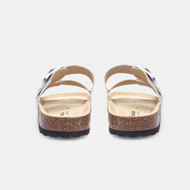 Kožen&eacute; d&aacute;msk&eacute; letn&iacute; footbed pantofle Baťa, stř&iacute;brn&aacute;