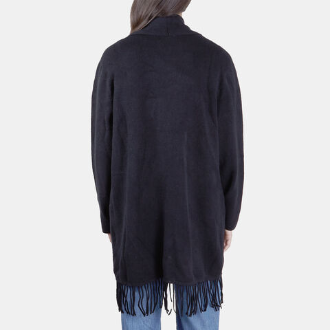 Long women's knitted cardigan with fringes, Black