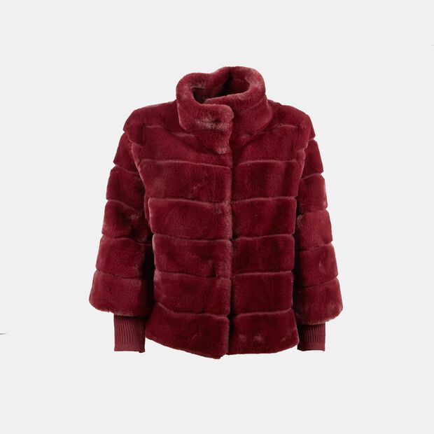 Women's Eco-Fur Coat with High Collar, Bordeaux