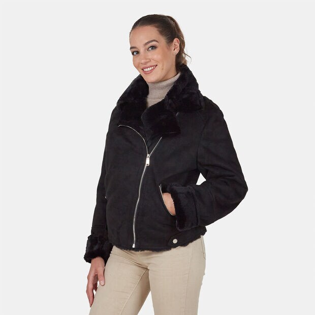Damen Bikerjacke aus Stoff mit synthetischem Fell, Schwarz