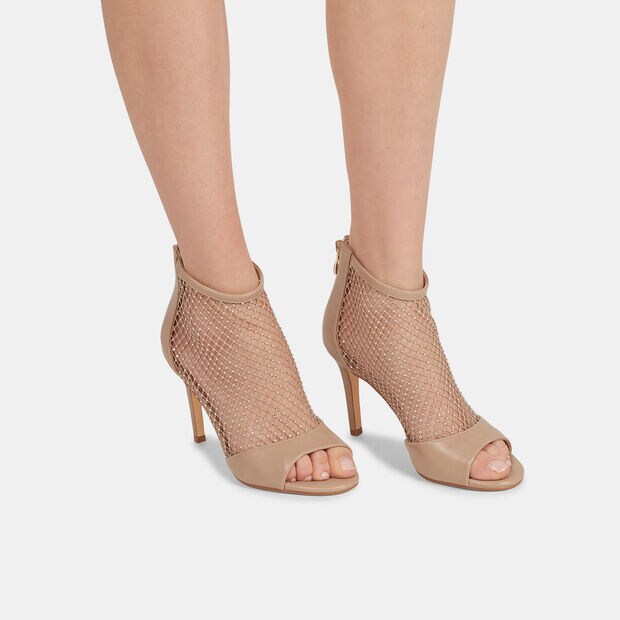 Damensandalen mit Netzdesign, Absatz und Glitzer, Rosa