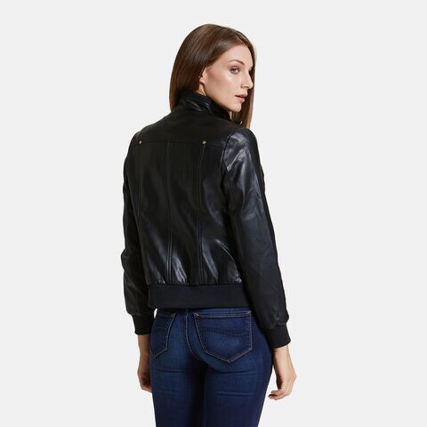 Veste en cuir synth&eacute;tique pour femme, Noir