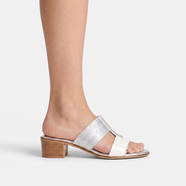 Damen Mules Sandalen mit mittelhohem Absatz und Strass, Wei&szlig;