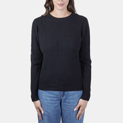 Women's Crew Neck Cable Knit Sweater, Black