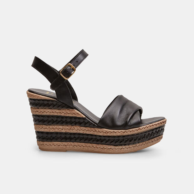 Sandales femme en cuir compens&eacute;es, 