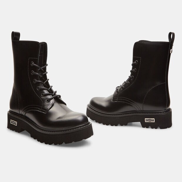 Botas militares de mujer de piel brillante, Negro Brillante