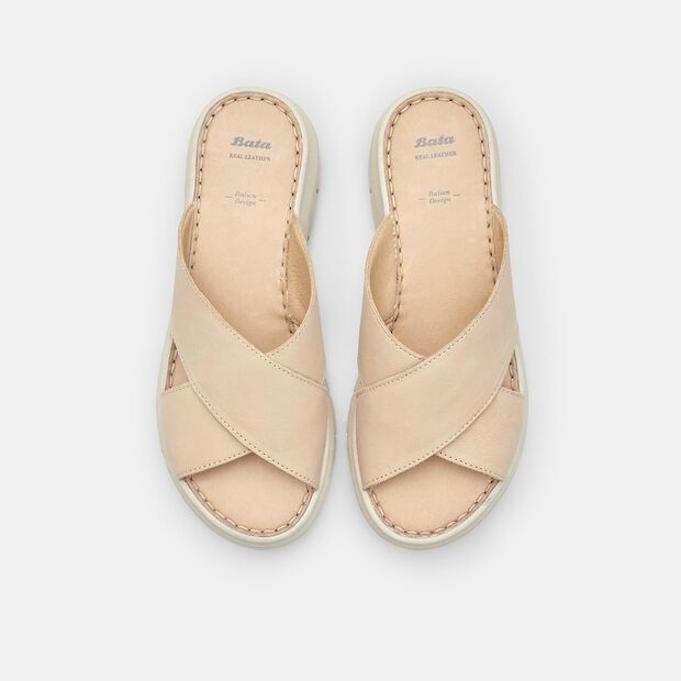 BATA Women's Leather Sandals with Platform, Beige