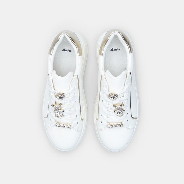 Women's lace-up sneaker with jewel applications, White