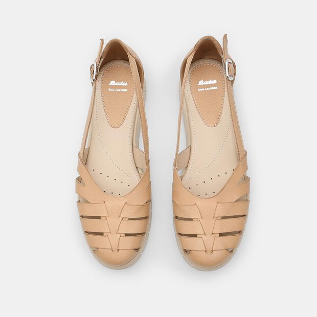 Bata Women's Leather Ballet Flats, Beige