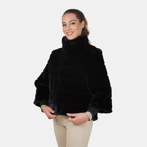 Women's Eco-Fur Coat with High Collar, Black