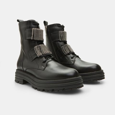 Bottes de type militaire en cuir pour femme, Noir