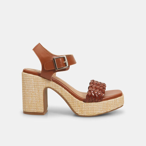 Women's sandals with broad raffia heel, Brown