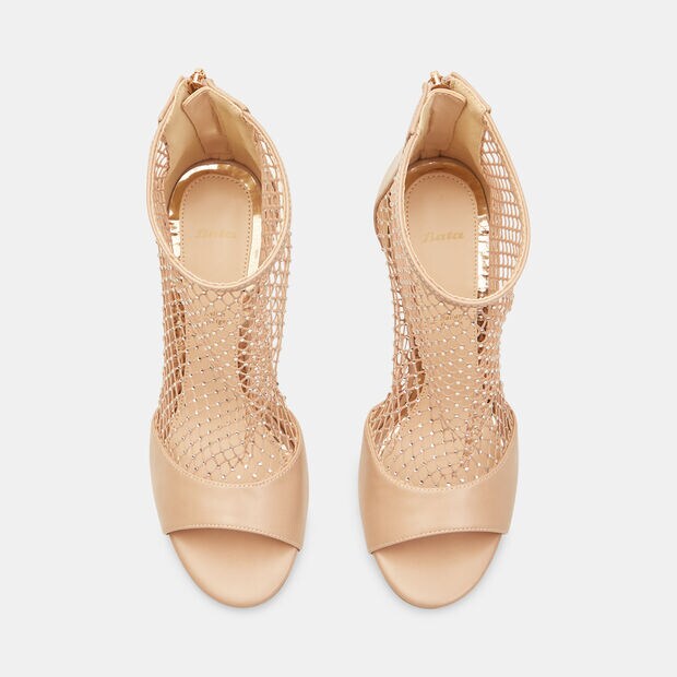 Damensandalen mit Netzdesign, Absatz und Glitzer, Rosa