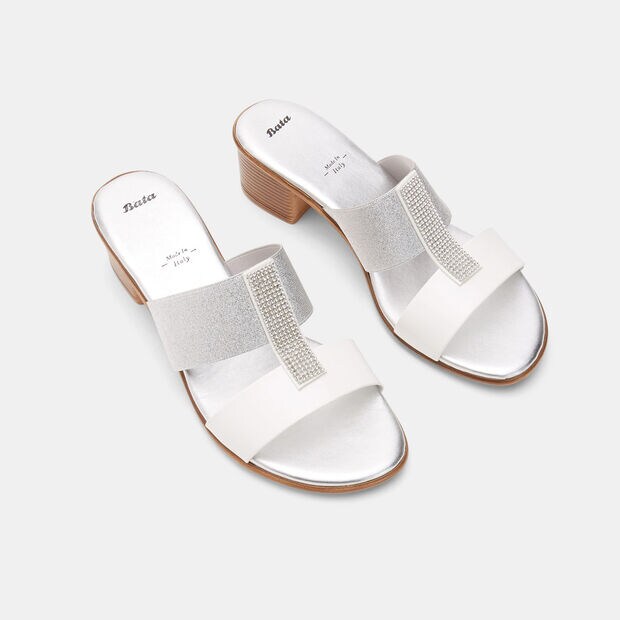 Sandalias mules para mujer con tac&oacute;n midi y strass , Blanco