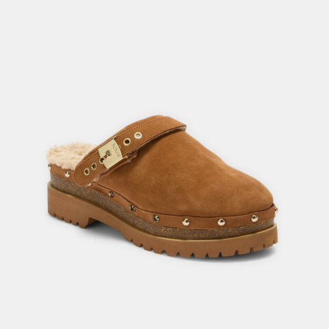 Zueco de mujer en ante con pelo ecológico Scholl, Marrón