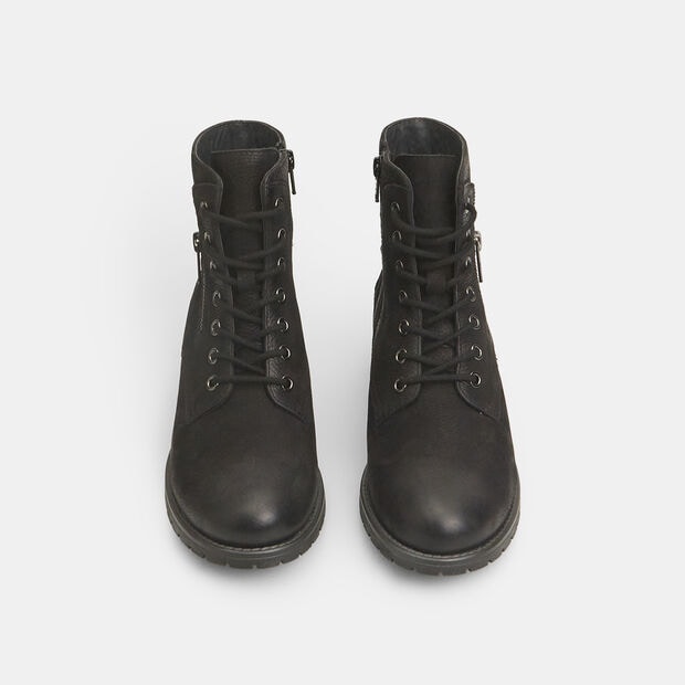 Botines de mujer en piel con cordones y cremallera , Negro