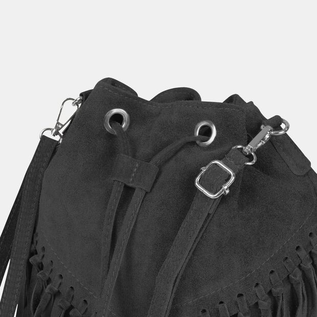 Bolso bucket para mujer en ante con flecos, Negro