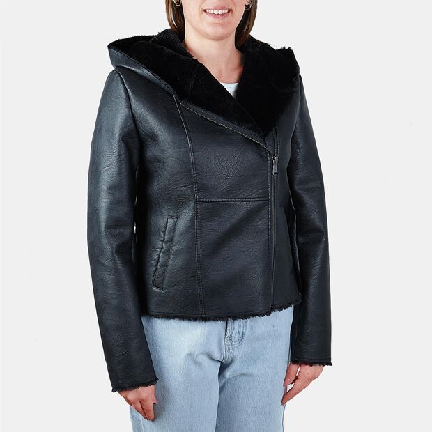 Chaqueta de mujer con pelo ecol&oacute;gico, Negro