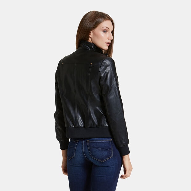 Chaqueta de cuero ecol&oacute;gico para mujer, Negro