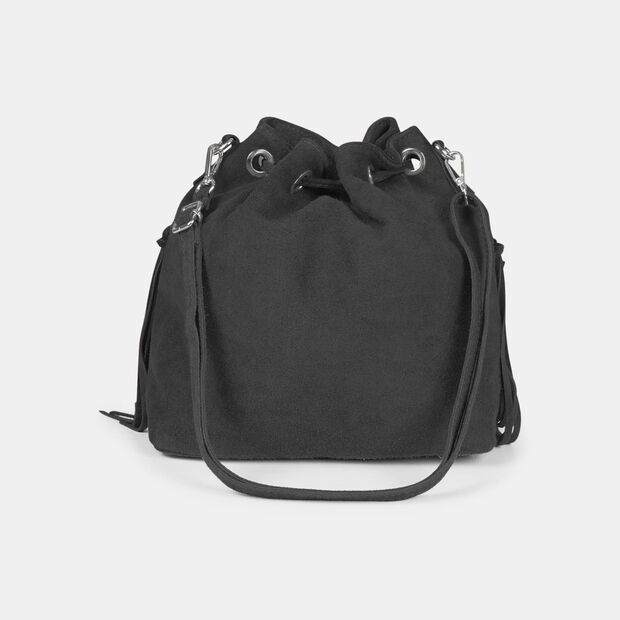 Bolso bucket para mujer en ante con flecos, Negro