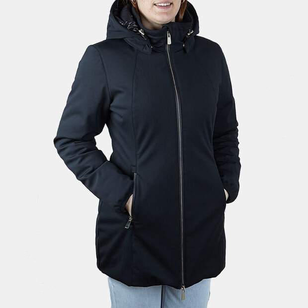 Chaqueta larga acolchada de tejido técnico para mujer, Negro