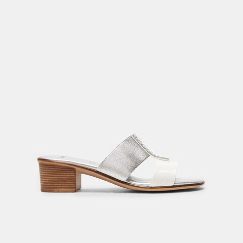 Sandalias mules para mujer con tac&oacute;n midi y strass , Blanco