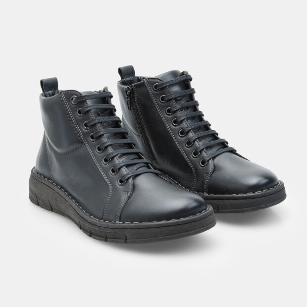 Botines de mujer en piel con cordones y cremallera, Negro