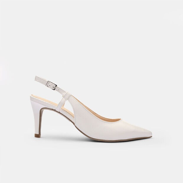 Slingback de mujer en cuero con tac&oacute;n de 9 cm, Blanco