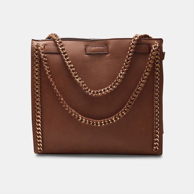 Bolsa con cord&oacute;n y asas de cadena, Piel