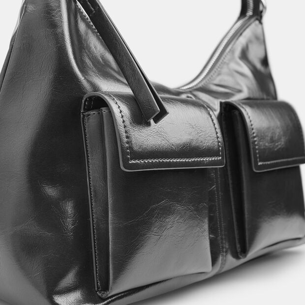 Bolso Hobo de mujer con bolsillos frontales Bata, Negro