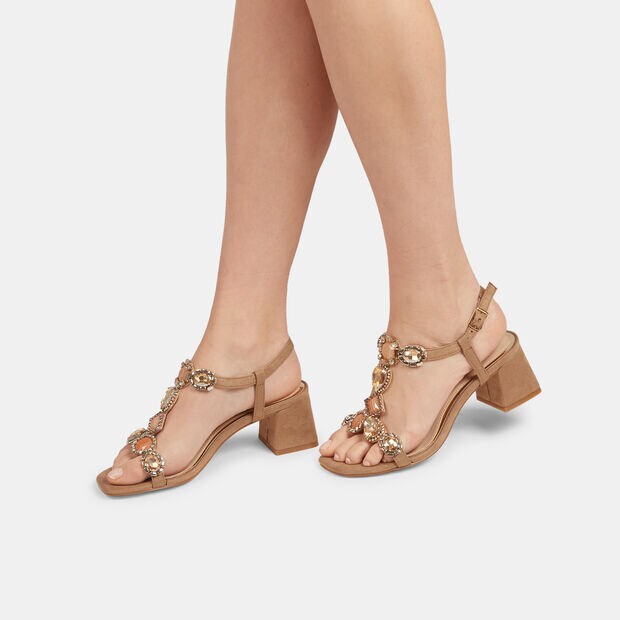 Sandalias de mujer con tac&oacute;n cuadrado y aplicaciones joya , 