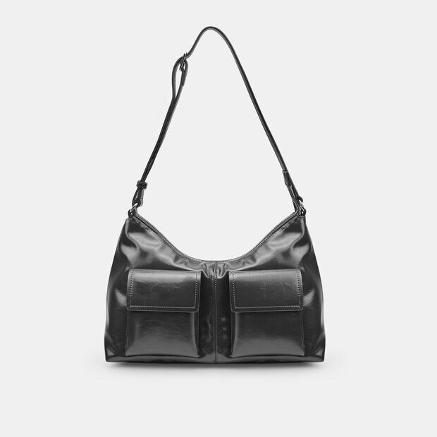 Bolso Hobo de mujer con bolsillos frontales Bata, Negro