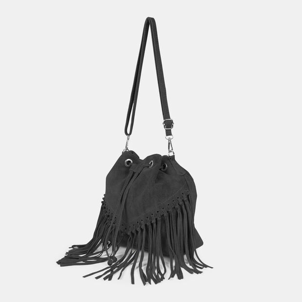 Bolso bucket para mujer en ante con flecos, Negro