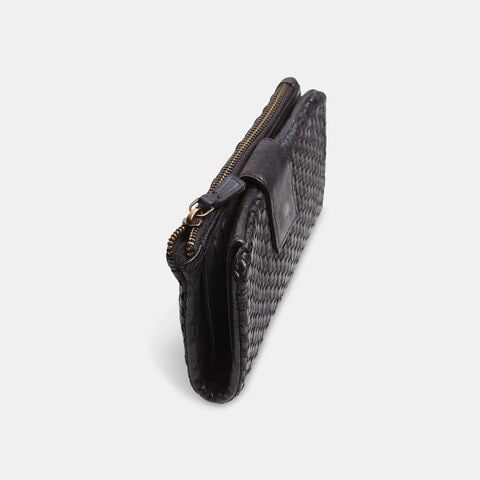 Portefeuille en cuir tress&eacute; pour femme, Noir