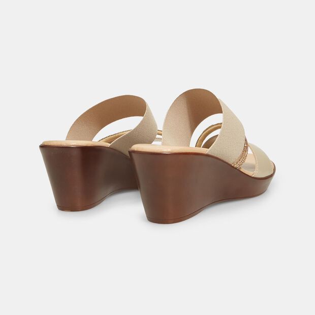 Mules &agrave; lani&egrave;res pour femme avec semelle compens&eacute;e et application bijou, Beige