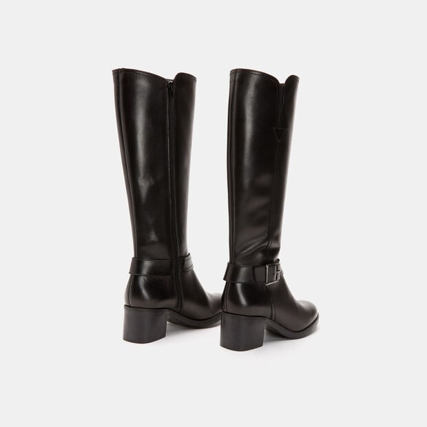 Bottes en cuir v&eacute;ritable &agrave; talon large, Noir