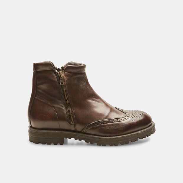 Bottines brogue pour homme en cuir avec zip, Marron