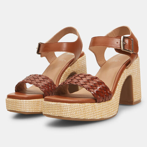 Sandales pour femme avec large talon en raphia, Marron