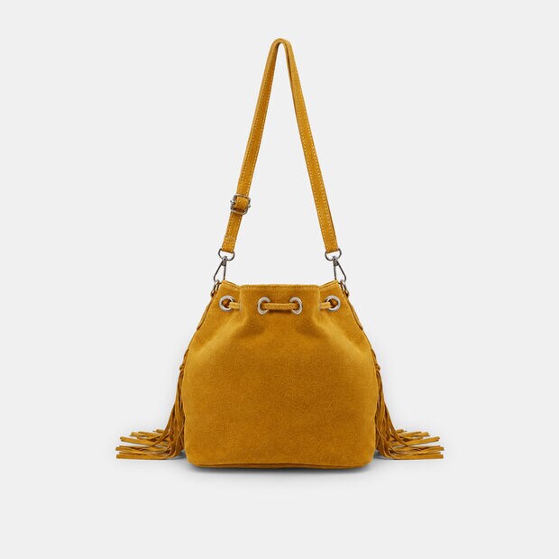 Sac seau pour femme en daim avec franges, Jaune