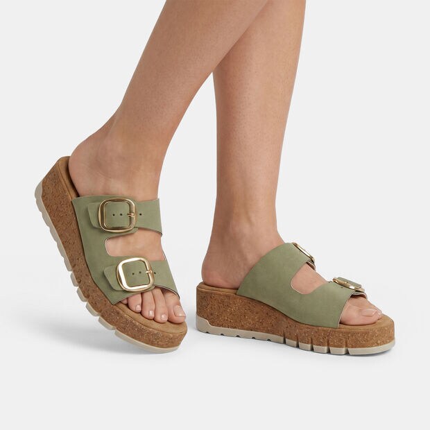 Sandale &agrave; semelle compens&eacute;e avec double bride et boucle Bata, Vert