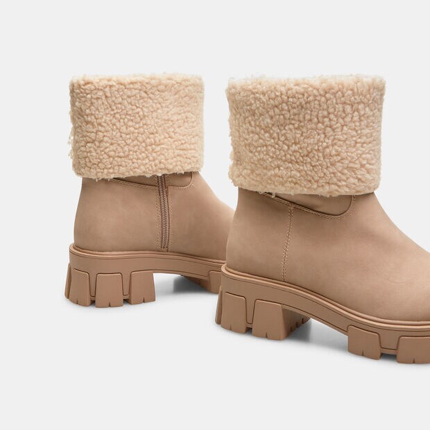 Bottines pour femme avec revers en teddy et semelle &eacute;paisse, Beige