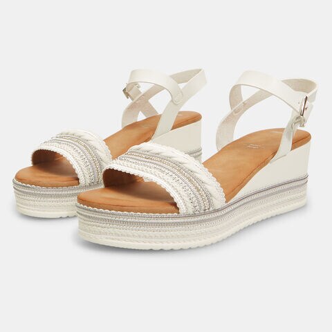 Sandales pour femme avec talon compens&eacute; 6 cm en corde et strass BATA, Blanc