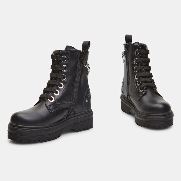 Bottines de combat pour fille effet cuir avec cha&icirc;ne, Noir