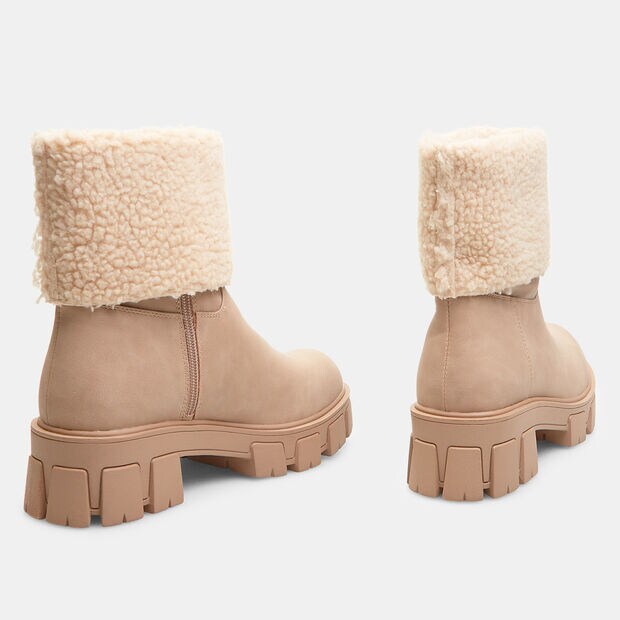 Bottines pour femme avec revers en teddy et semelle &eacute;paisse, Beige