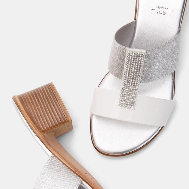 Sandales mules pour femme &agrave; talons midi et strass, Blanc