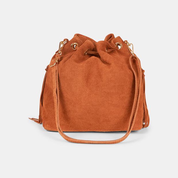 Sac seau en su&egrave;de pour femme avec franges, 