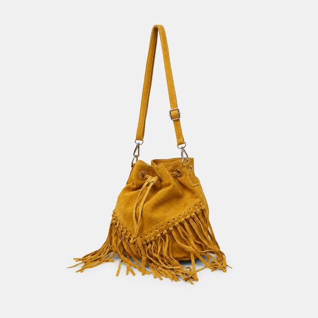 Sac seau pour femme en daim avec franges, Jaune