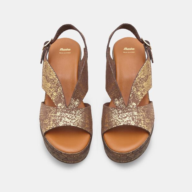 Sandales en nubuck &agrave; semelle compens&eacute;e BATA, Marron